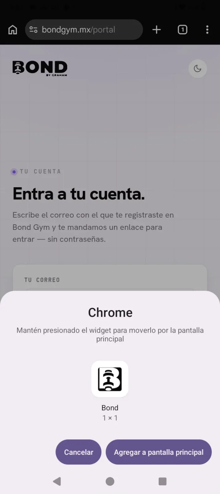 Confirmación para agregar el ícono a la pantalla principal
