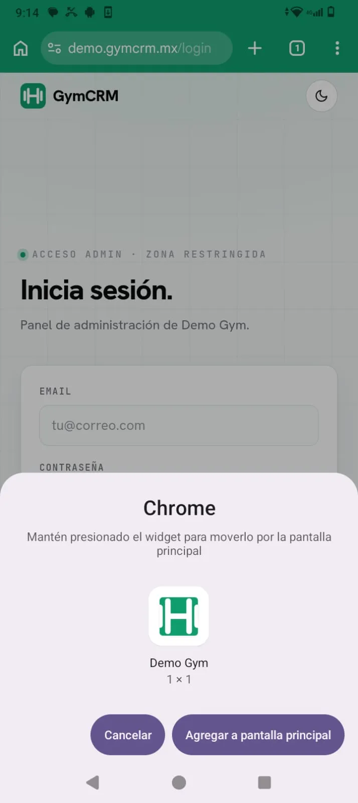 Confirmación para agregar el ícono a la pantalla principal
