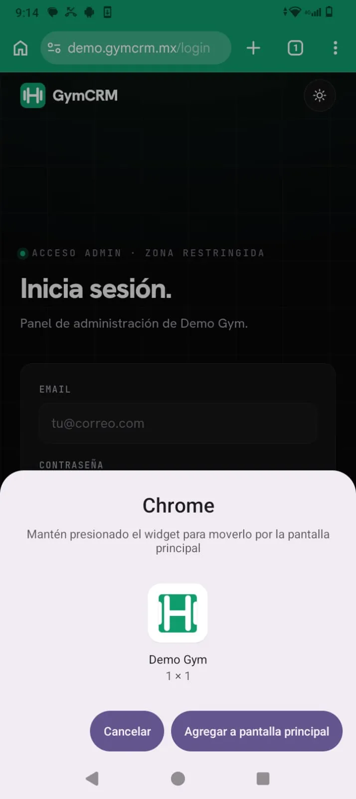 Confirmación para agregar el ícono a la pantalla principal