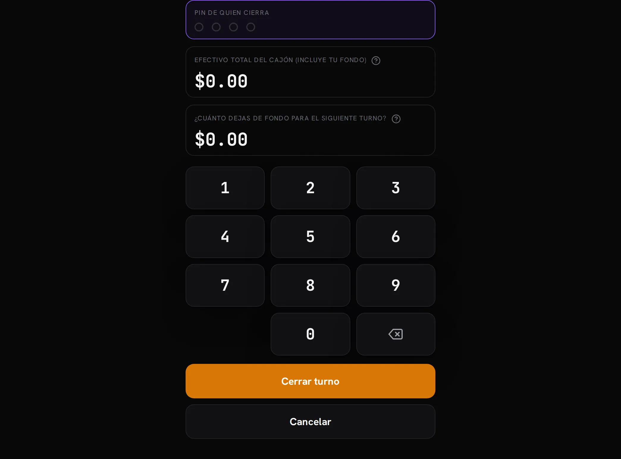 Pantalla de cierre: Efectivo total del cajón (incluye tu fondo) y ¿Cuánto dejas de fondo?