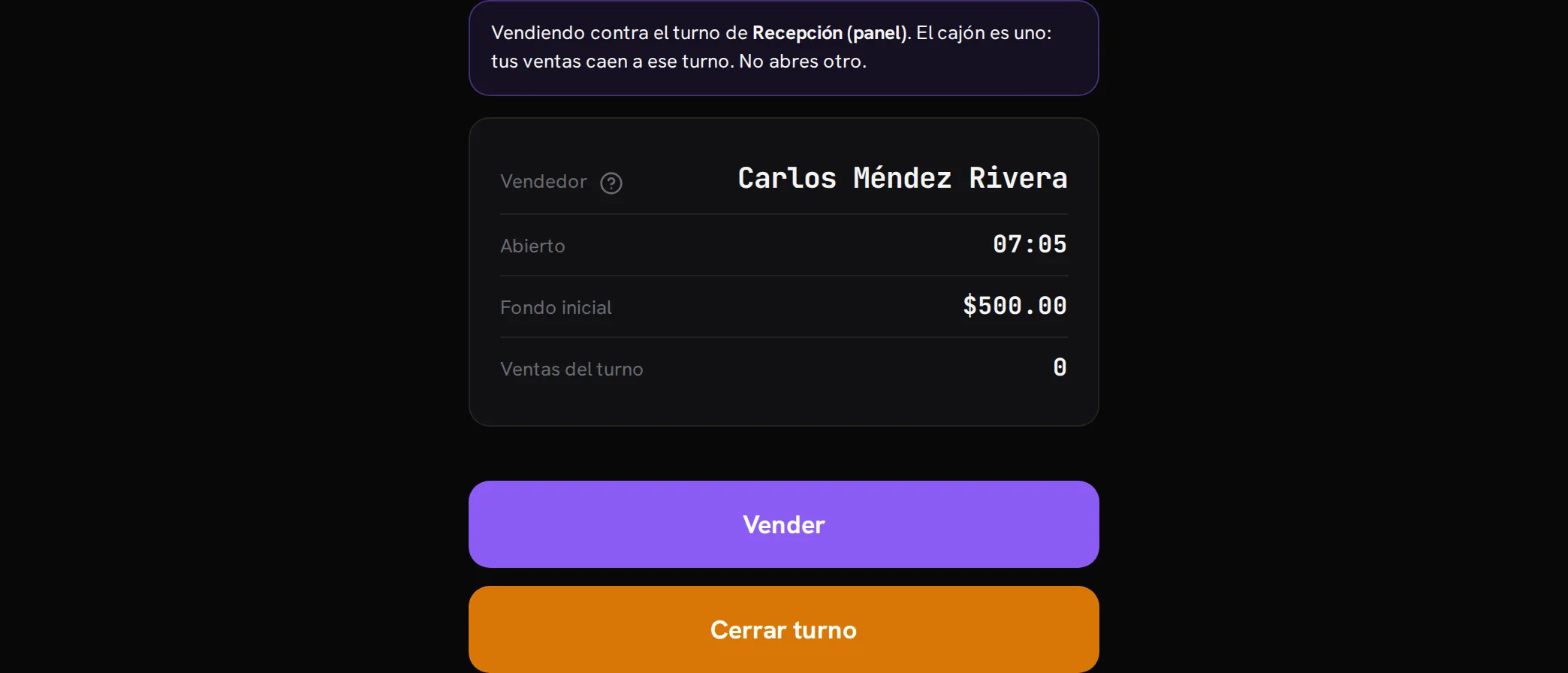 Pantalla de la tablet de barra: Vendiendo contra el turno de Recepción (panel), el cajón es uno, tus ventas caen a ese turno