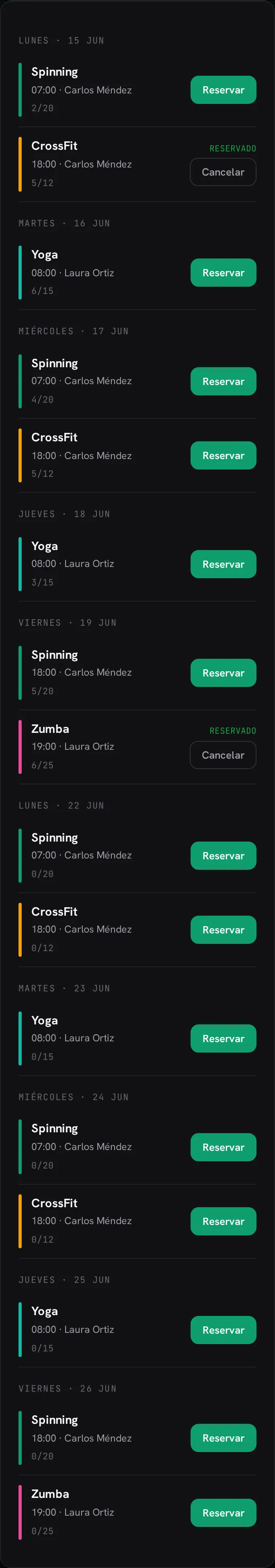 Lista de próximas clases agrupadas por día, con hora, coach y cupo