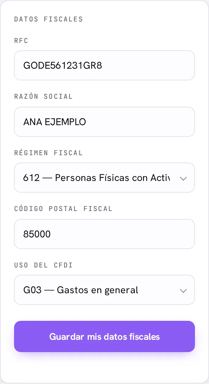 Formulario de datos fiscales lleno: RFC, razón social, régimen, código postal y uso de CFDI
