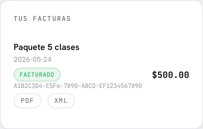 Factura timbrada con su folio y los enlaces de descarga PDF y XML