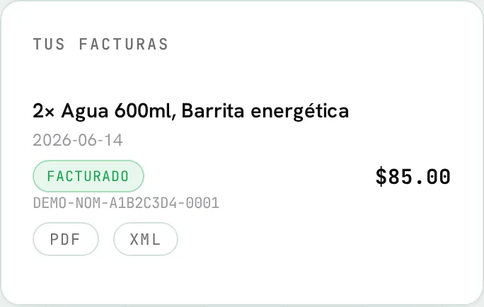 Factura timbrada con su folio y los enlaces de descarga PDF y XML