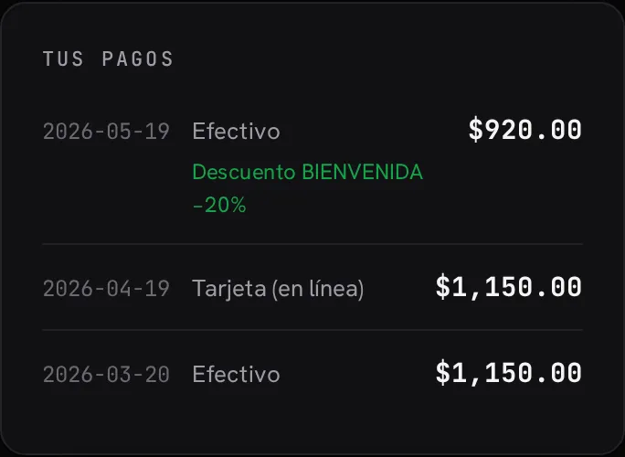 Historial de pagos con fecha, forma de pago, monto y la línea de descuento
