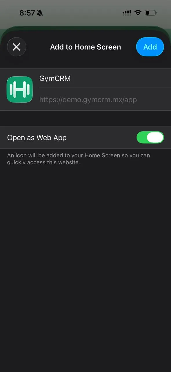 Pantalla para agregar a inicio, con el nombre de la app y el botón Agregar