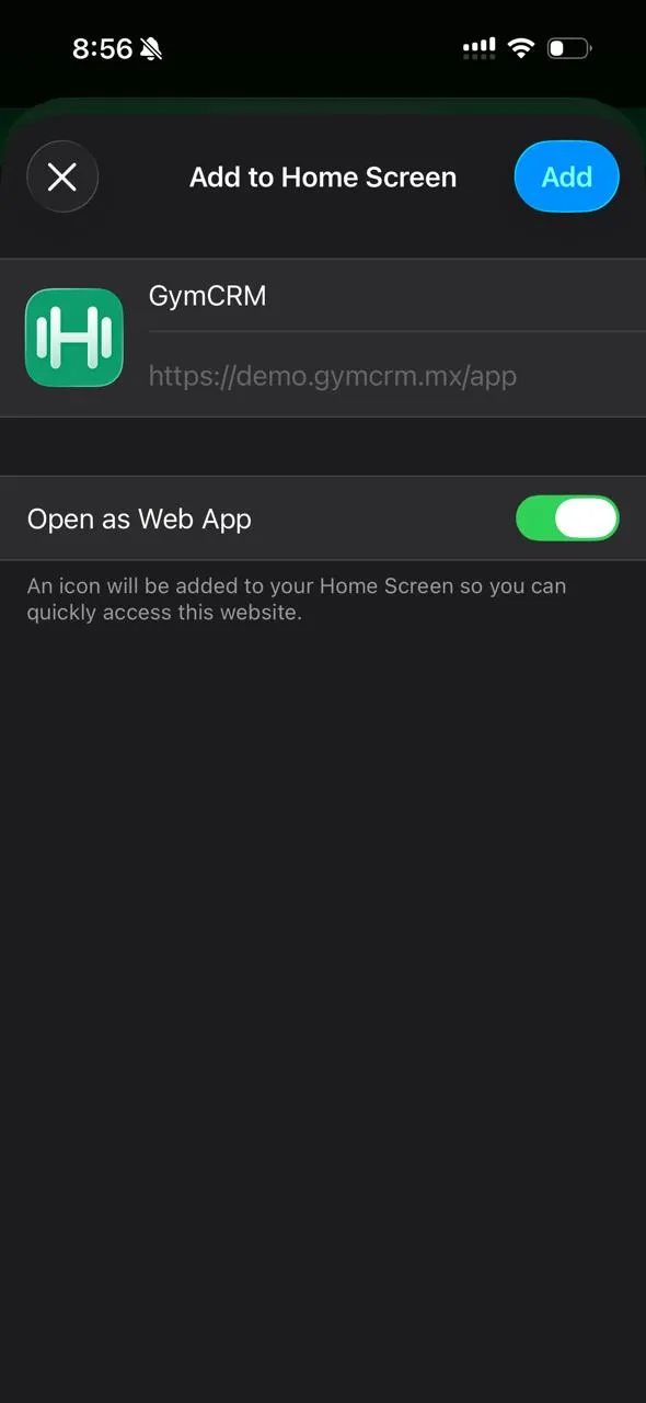 Pantalla para agregar a inicio, con el nombre de la app y el botón Agregar