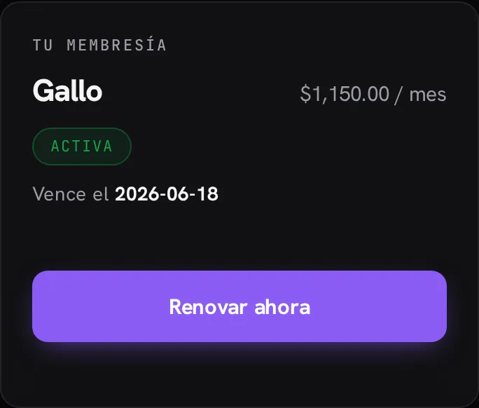 Tarjeta de membresía en Mi cuenta: plan, precio, estado y botón Renovar
