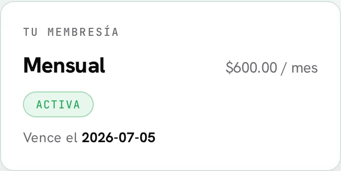 Tarjeta de membresía en Mi cuenta: plan, precio, estado y botón Renovar