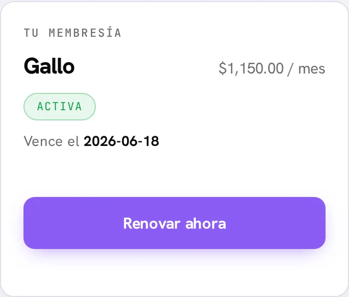 Tarjeta de membresía en Mi cuenta: plan, precio, estado y botón Renovar