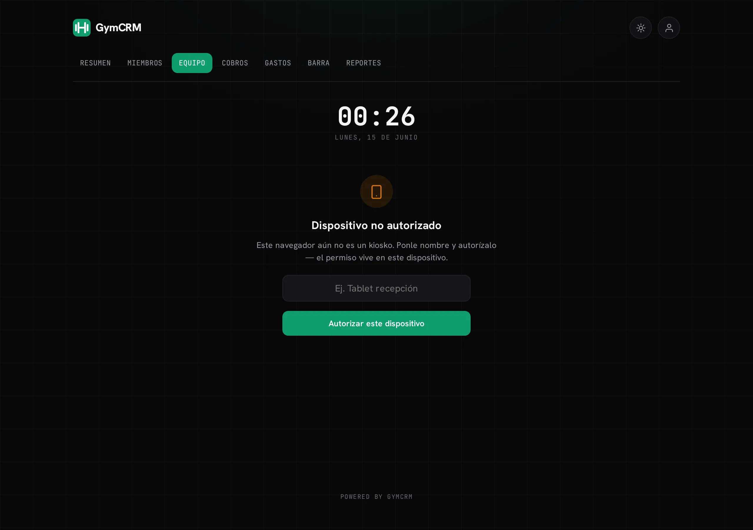 El kiosko del checador: reloj, los puntos del PIN y el teclado numérico