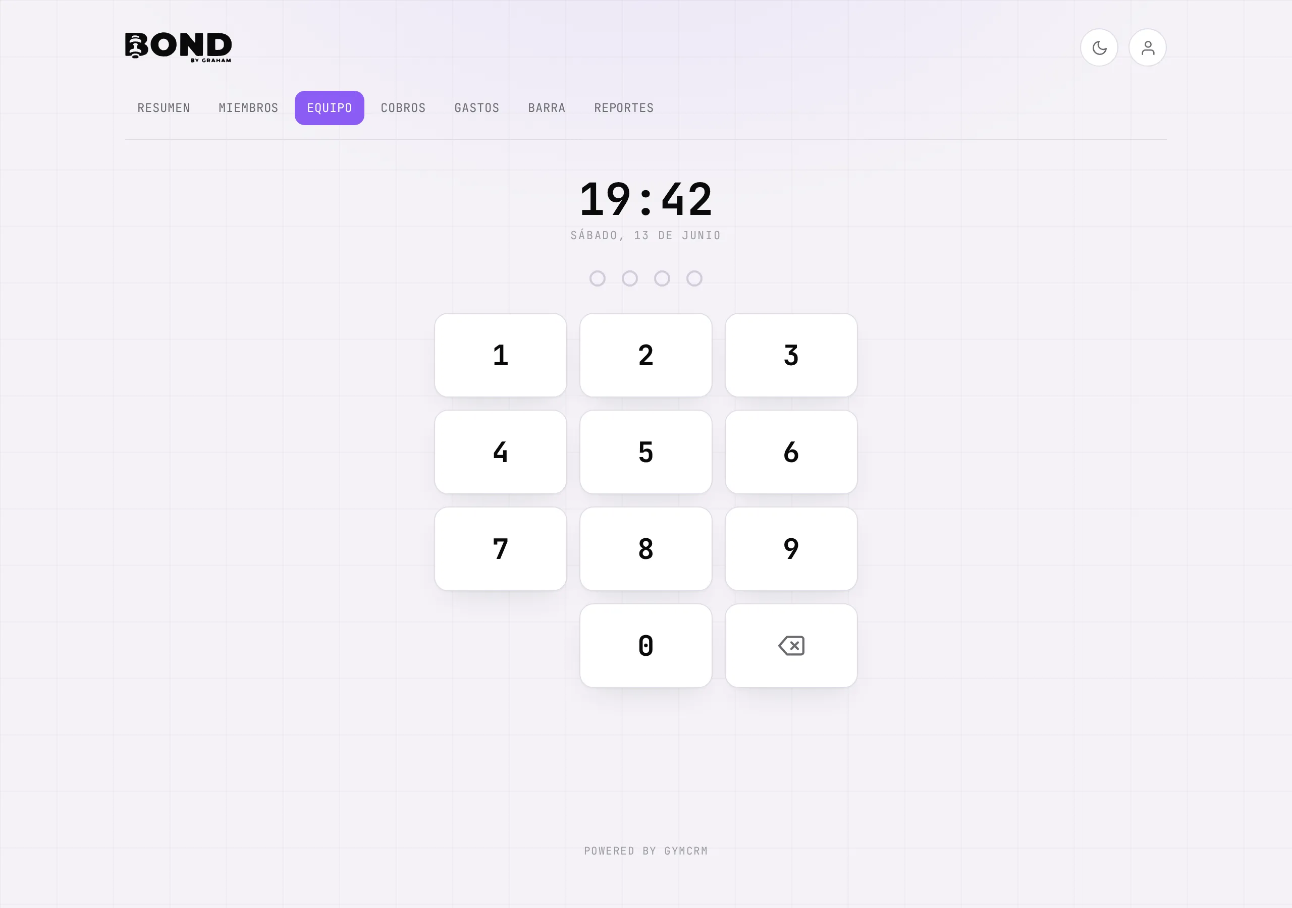 El kiosko del checador: reloj, los puntos del PIN y el teclado numérico