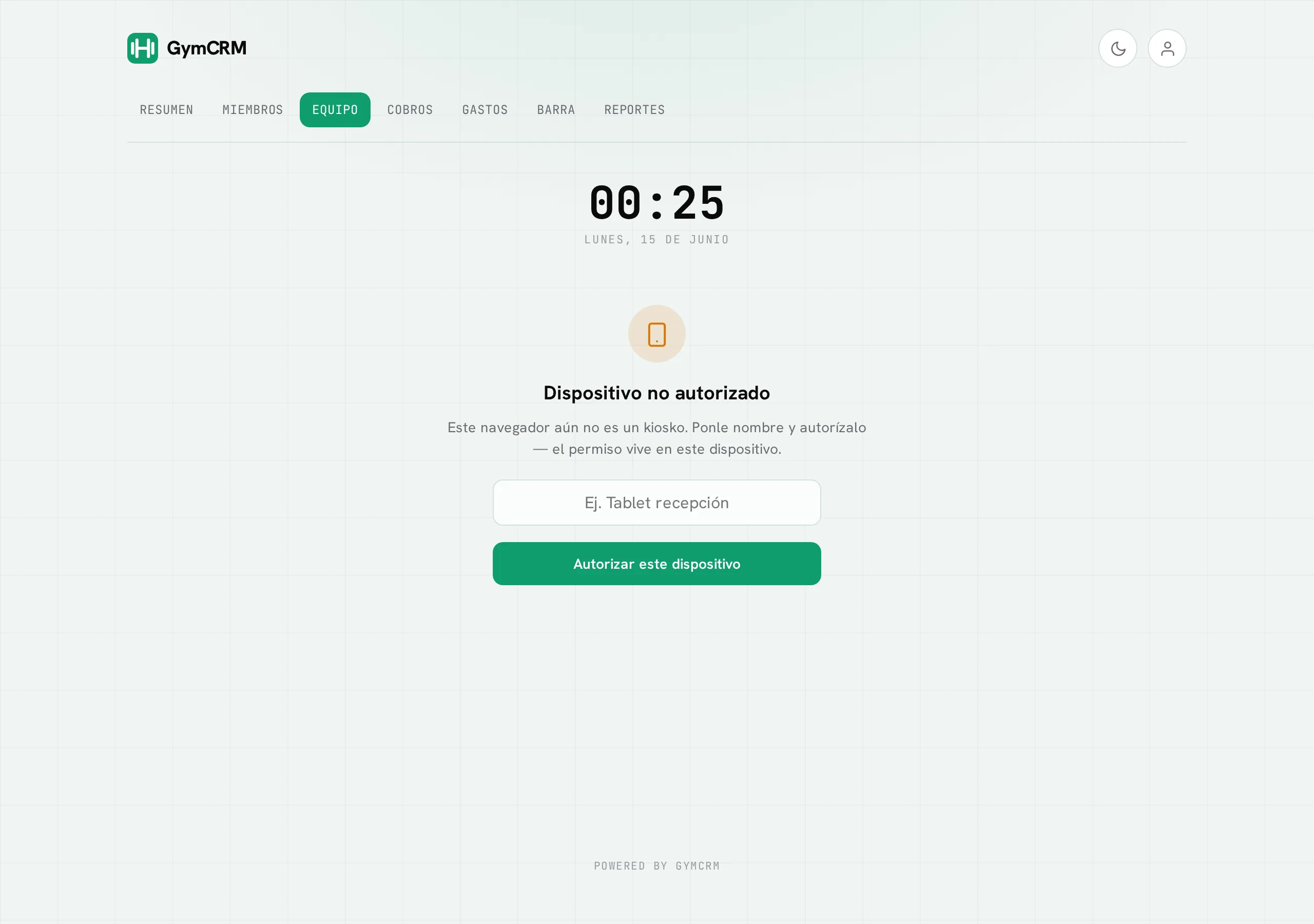 El kiosko del checador: reloj, los puntos del PIN y el teclado numérico
