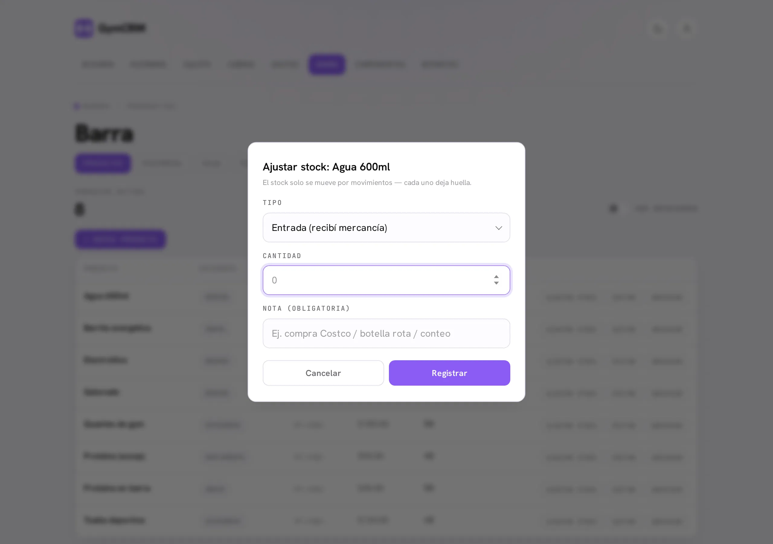 El modal de ajustar stock: tipo de movimiento, cantidad y nota