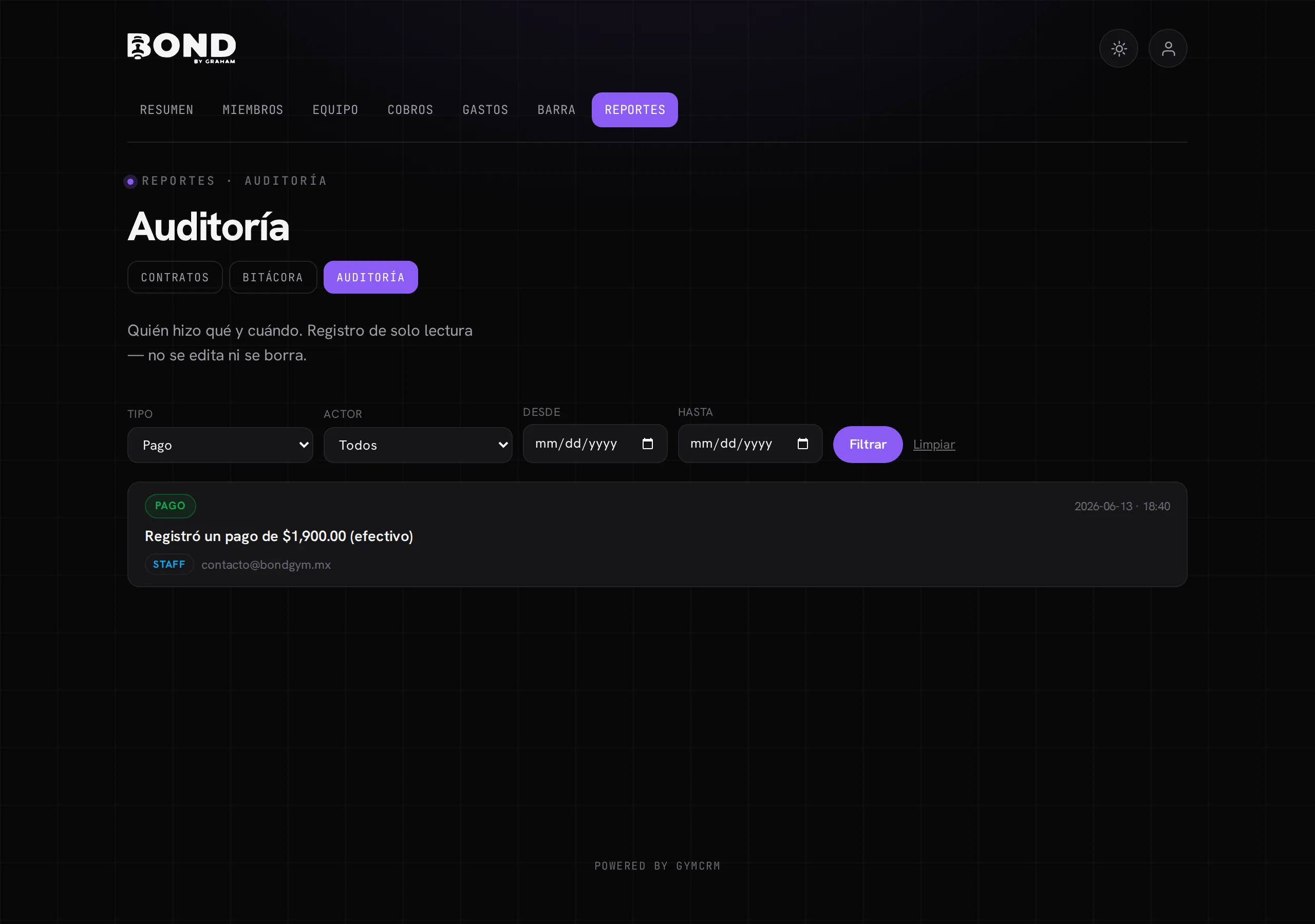 El feed de auditoría filtrado por categoría (Pago)