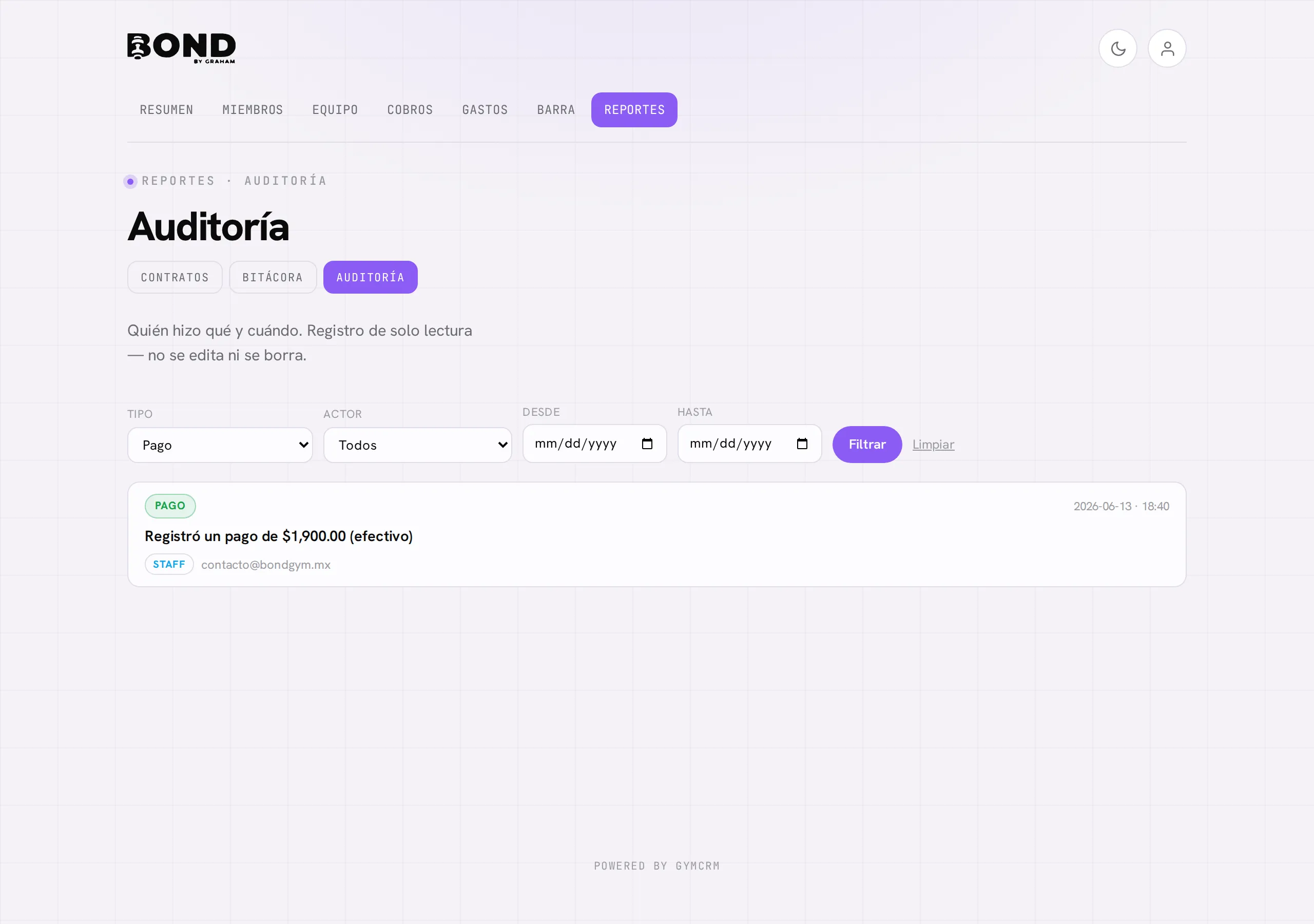 El feed de auditoría filtrado por categoría (Pago)