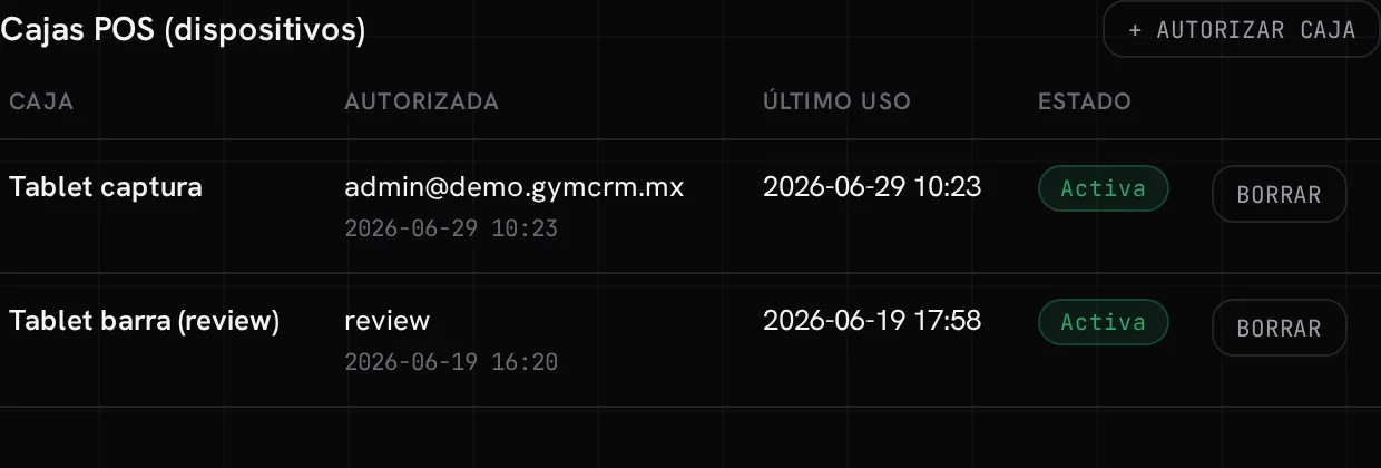 El bloque Cajas POS en el panel: la tabla de dispositivos autorizados con su estado
