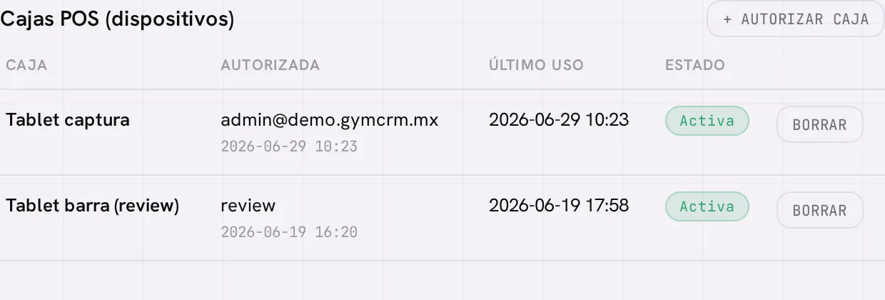 El bloque Cajas POS en el panel: la tabla de dispositivos autorizados con su estado