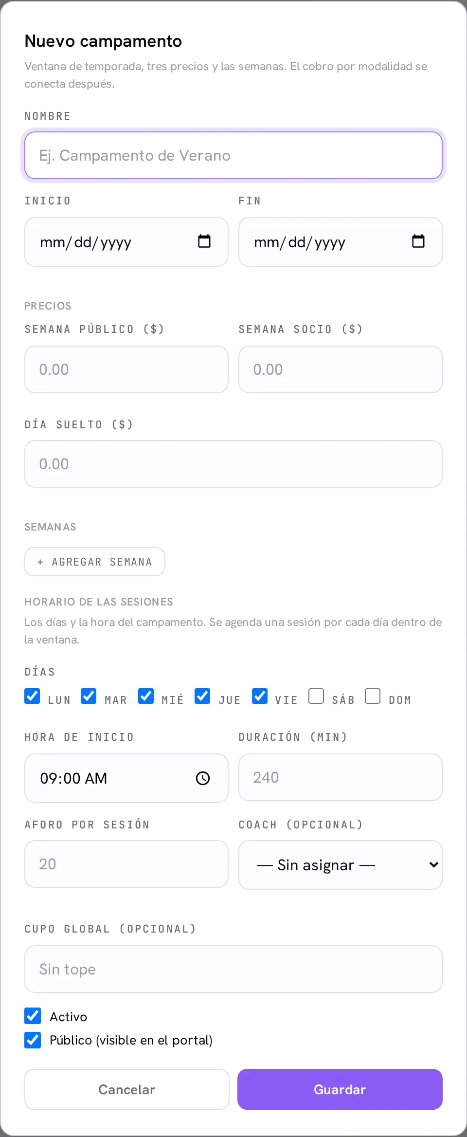 El formulario de nuevo campamento: nombre, ventana, los tres precios, las semanas, el horario de las sesiones y el cupo