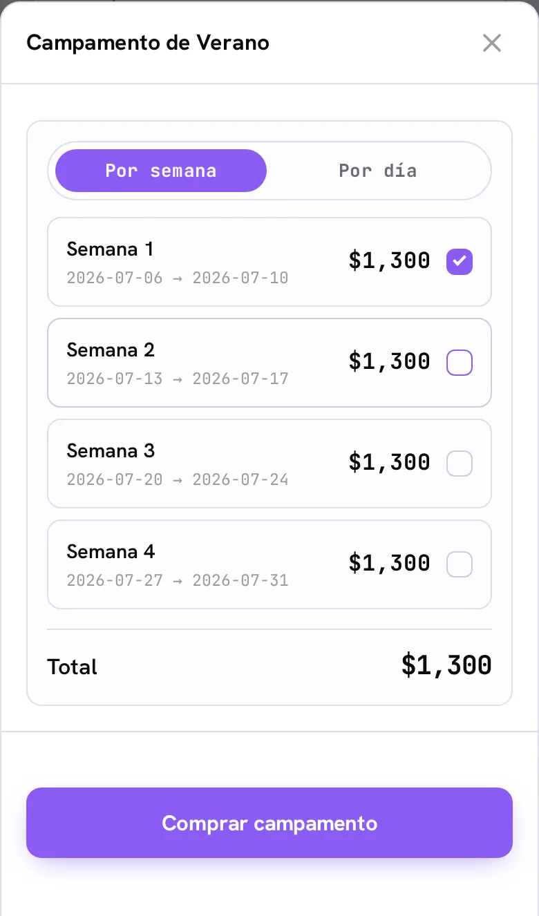 La hoja de comprar campamento en el portal del socio: elegir por semana o por día, con el total y el botón de comprar