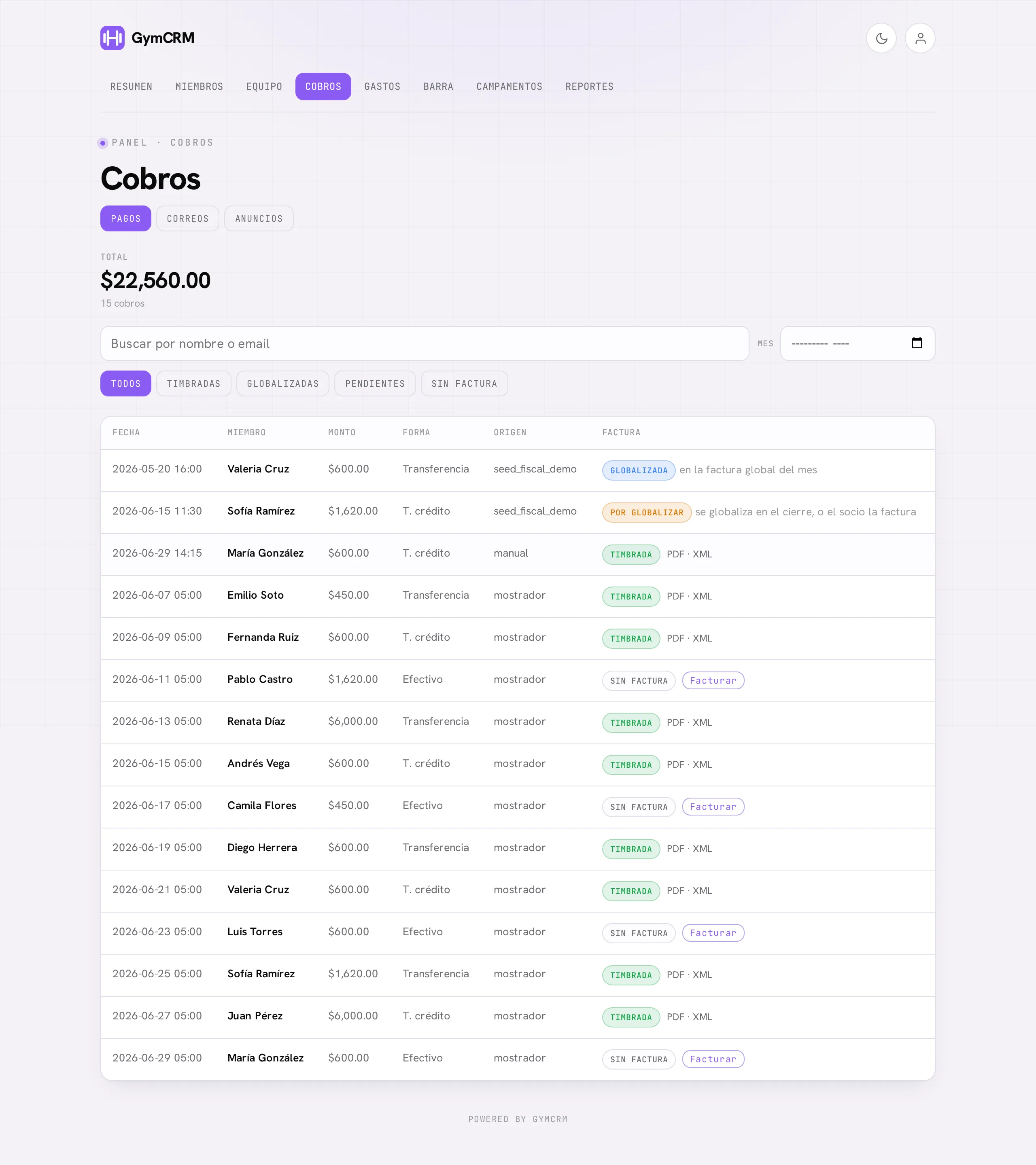 El historial de Cobros: total, filtros por estado de factura y la tabla de pagos con sus descargas de CFDI