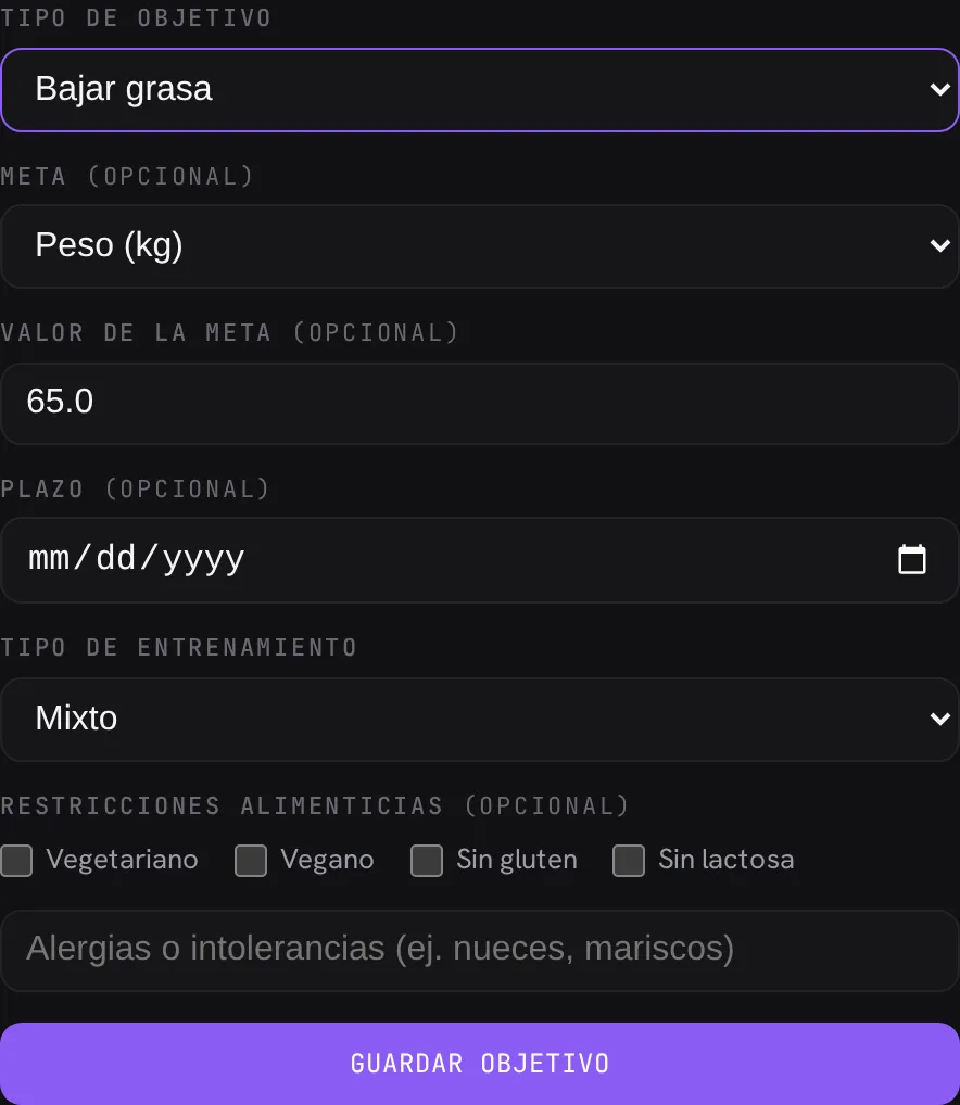 El formulario de objetivo: tipo (bajar grasa), meta, plazo, tipo de entrenamiento y restricciones alimenticias