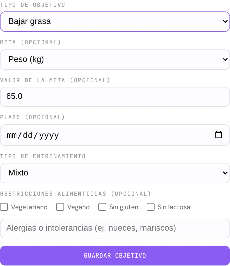 El formulario de objetivo: tipo (bajar grasa), meta, plazo, tipo de entrenamiento y restricciones alimenticias