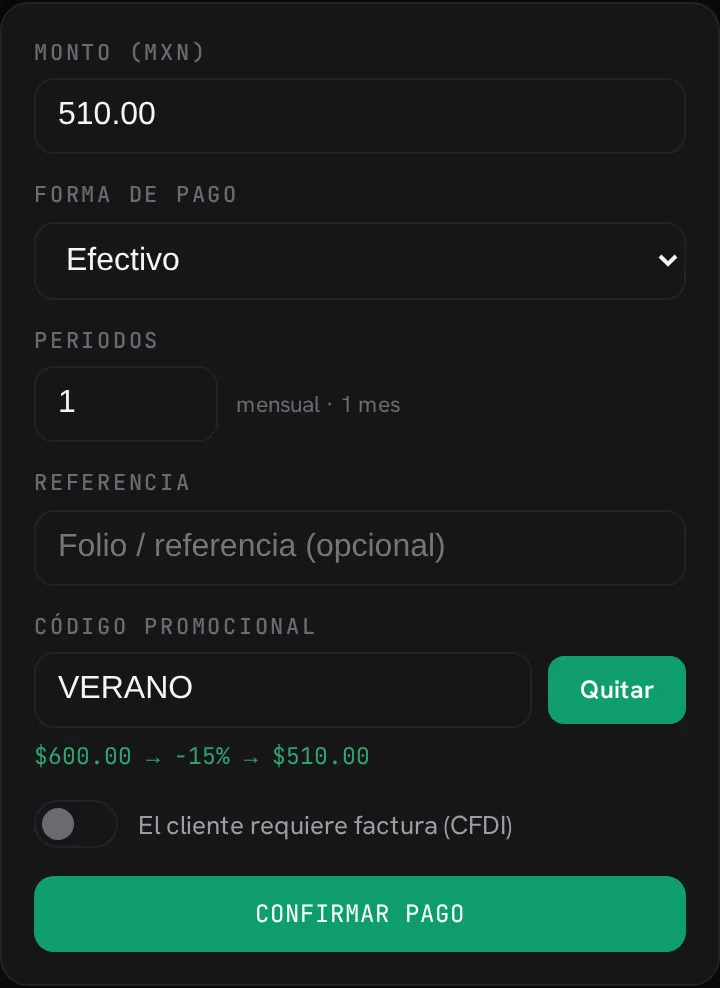 El campo Código promocional con el botón Aplicar dentro del formulario de pago