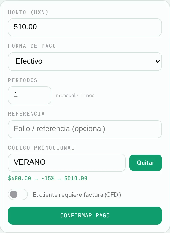 El campo Código promocional con el botón Aplicar dentro del formulario de pago