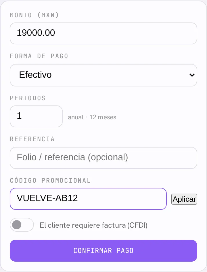 El campo Código promocional con el botón Aplicar dentro del formulario de pago