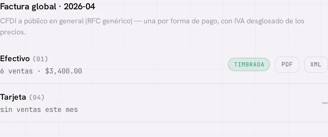 Una factura global timbrada, con su número de ventas, total y las descargas PDF y XML