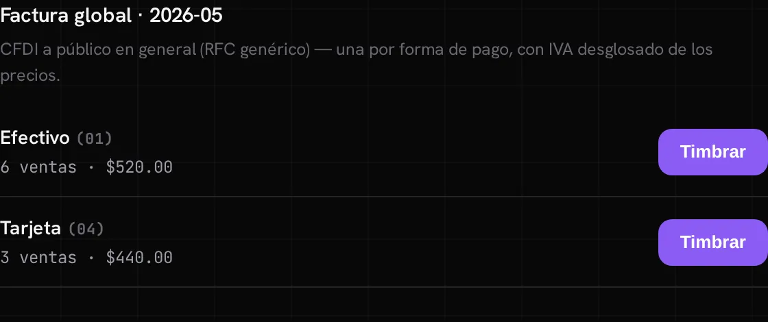 El bloque Factura global del mes: efectivo y tarjeta, con sus ventas, total y el botón Timbrar