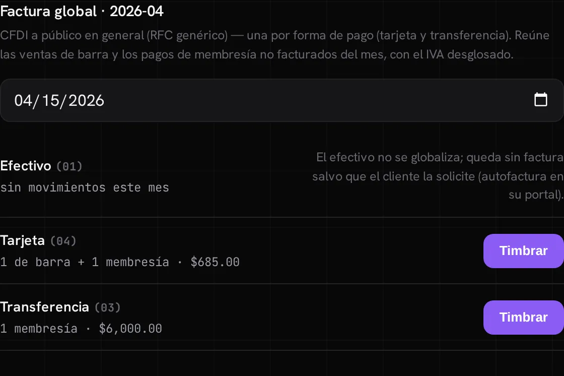 Bloque de factura global en la caja, mostrando el desglose de barra y membresía por forma de pago
