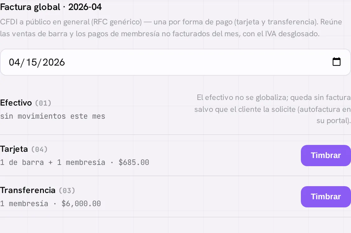 Bloque de factura global en la caja, mostrando el desglose de barra y membresía por forma de pago