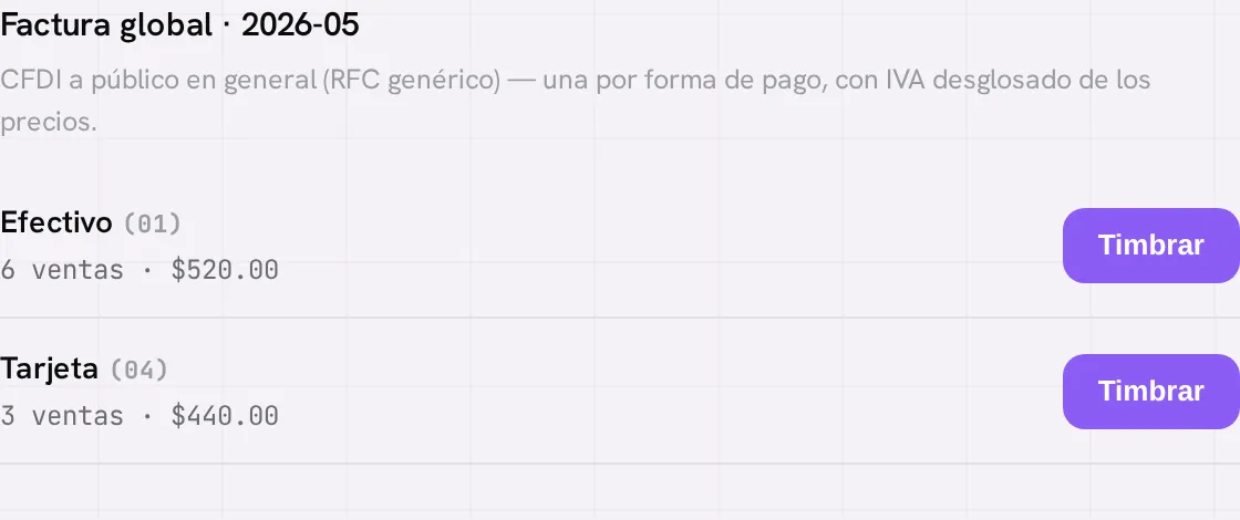 El bloque Factura global del mes: efectivo y tarjeta, con sus ventas, total y el botón Timbrar