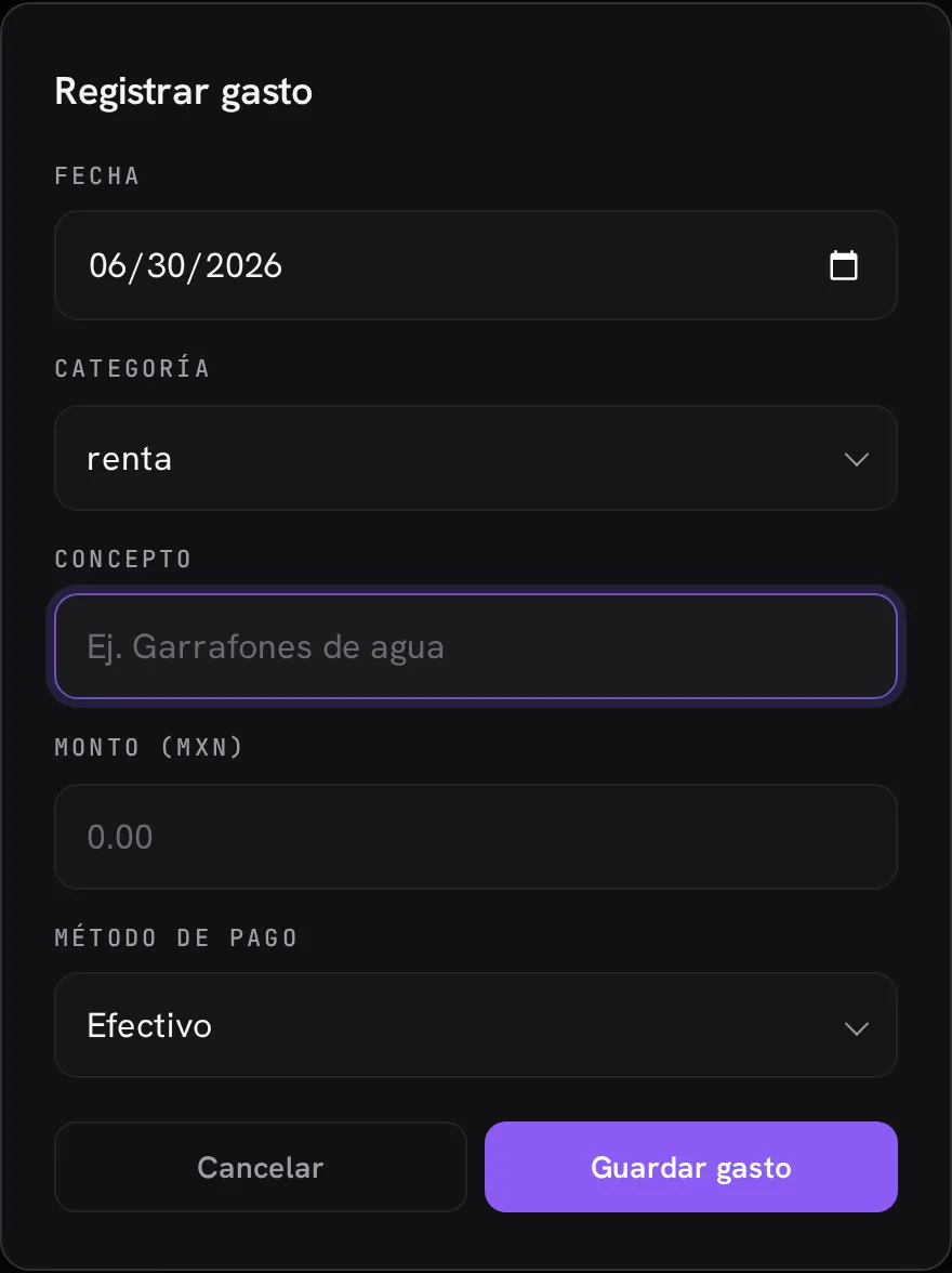 El modal de registrar gasto: fecha, categoría, concepto, monto y método de pago