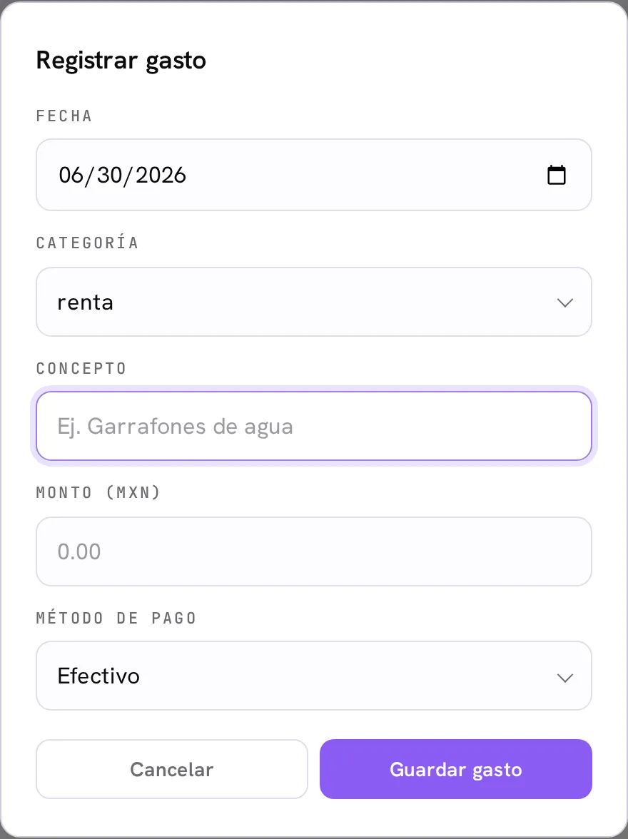 El modal de registrar gasto: fecha, categoría, concepto, monto y método de pago