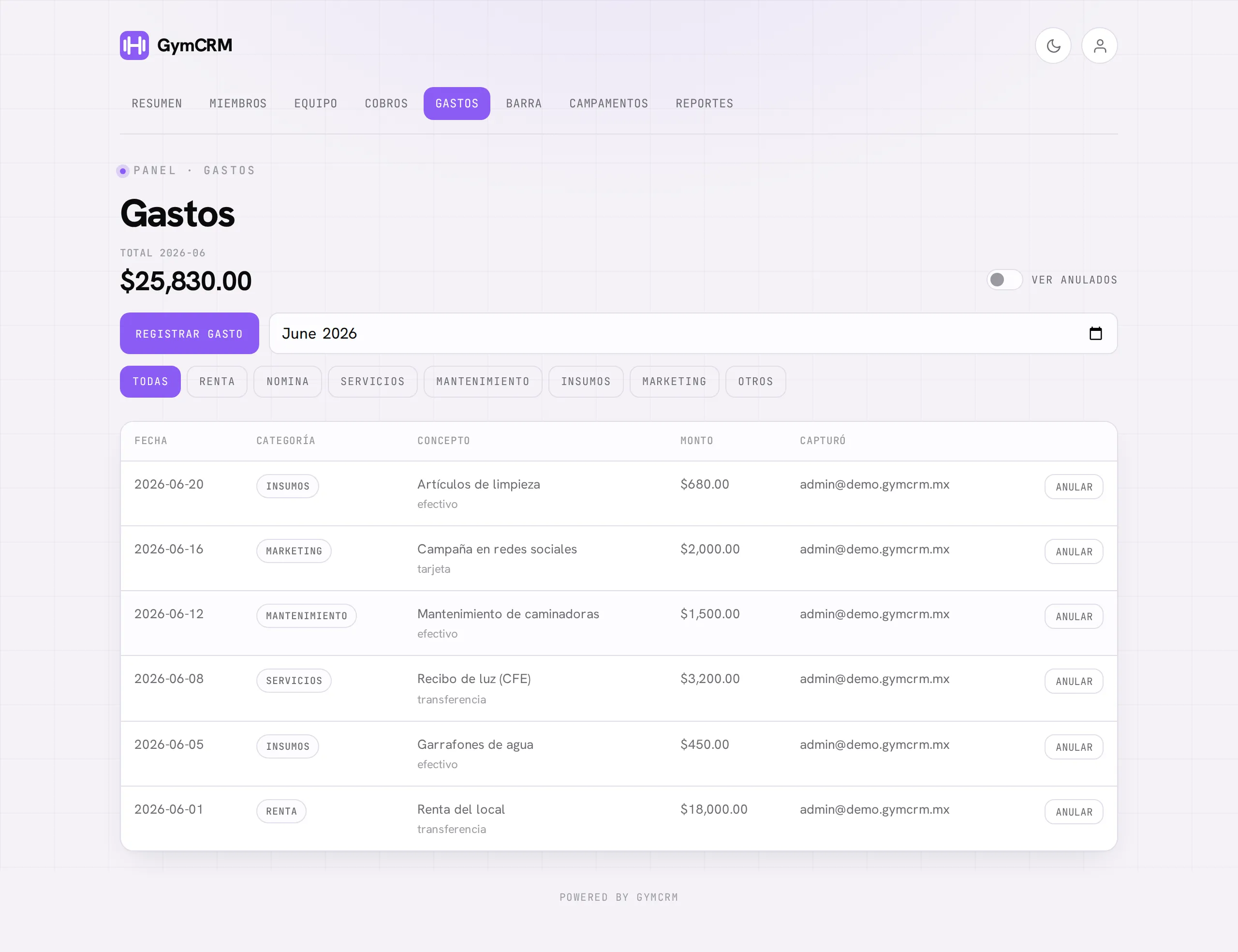 La página de Gastos: el total del mes, los chips de categoría y la tabla con cada gasto, su método y su monto