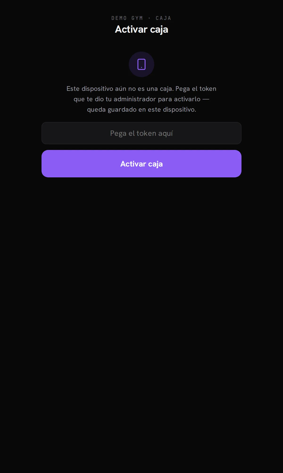 La pantalla del kiosko en la tablet: pegar el token para activar la caja