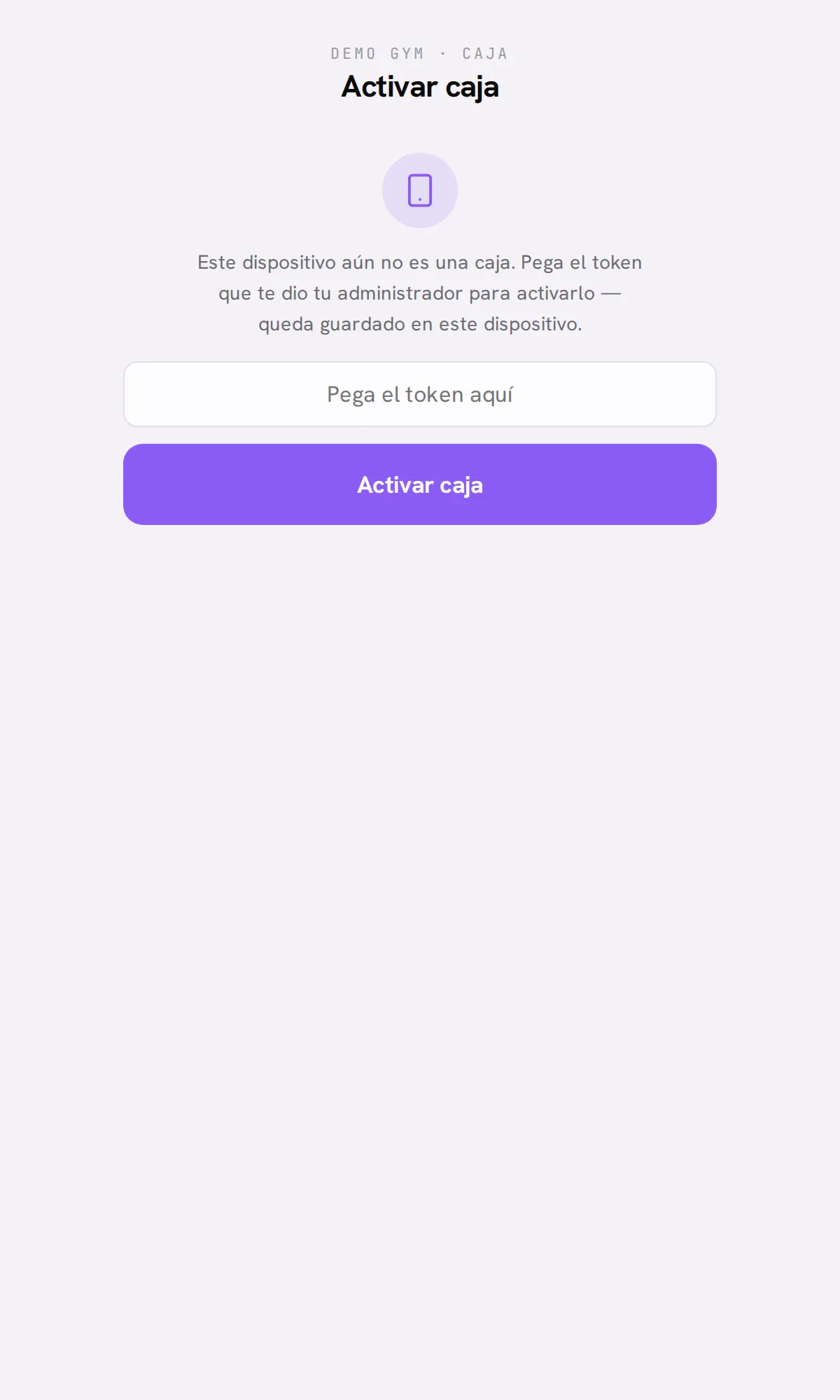 La pantalla del kiosko en la tablet: pegar el token para activar la caja
