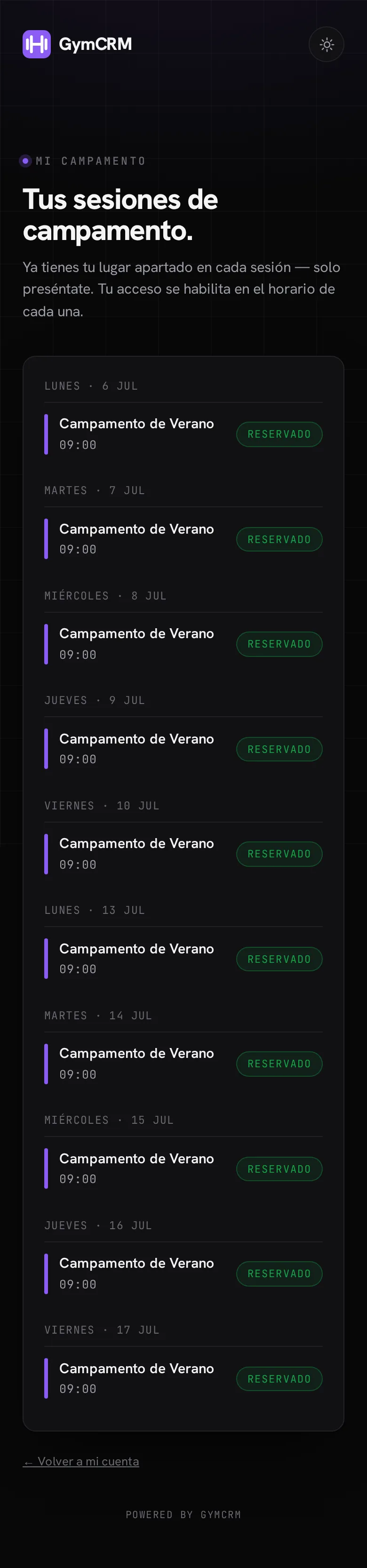 Mi campamento en el portal del socio: sus sesiones reservadas, marcadas como Reservado