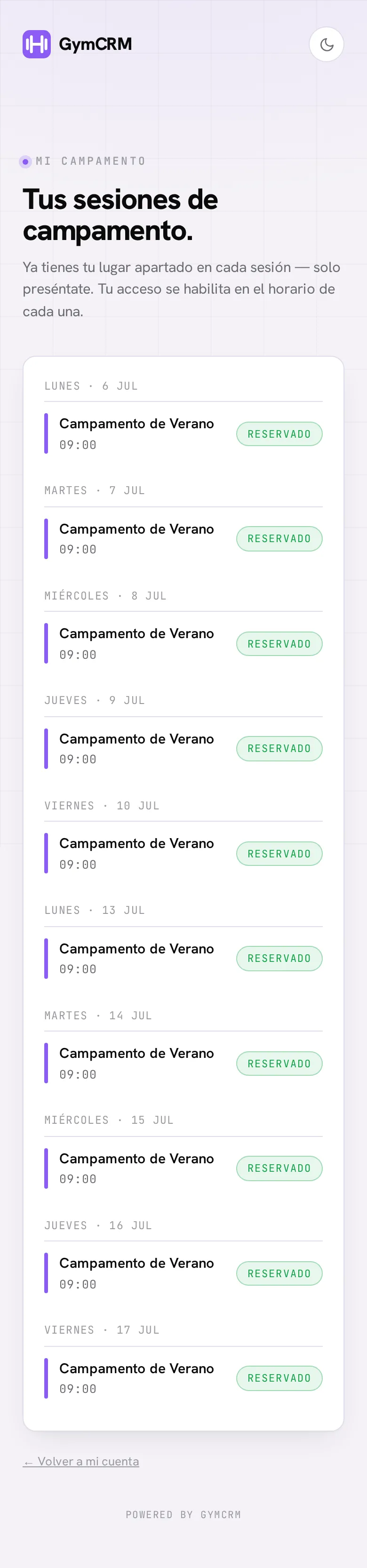 Mi campamento en el portal del socio: sus sesiones reservadas, marcadas como Reservado