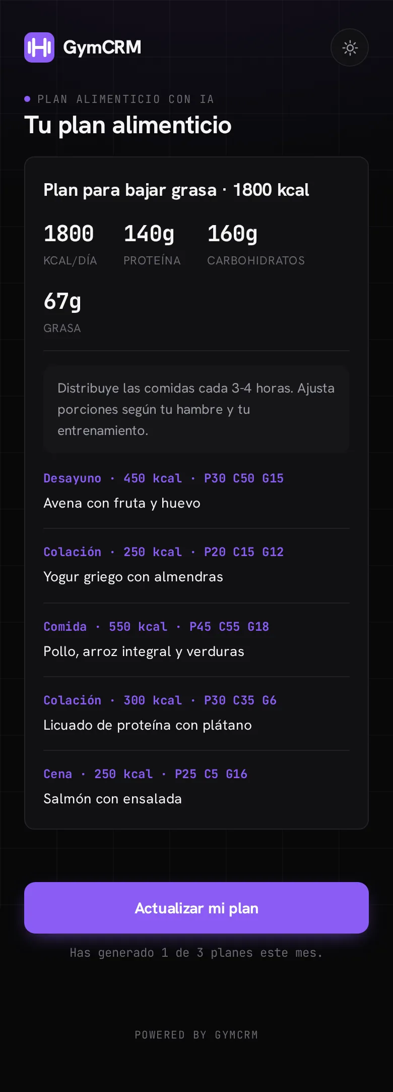 El plan alimenticio en el portal del socio: macros del día y la lista de comidas