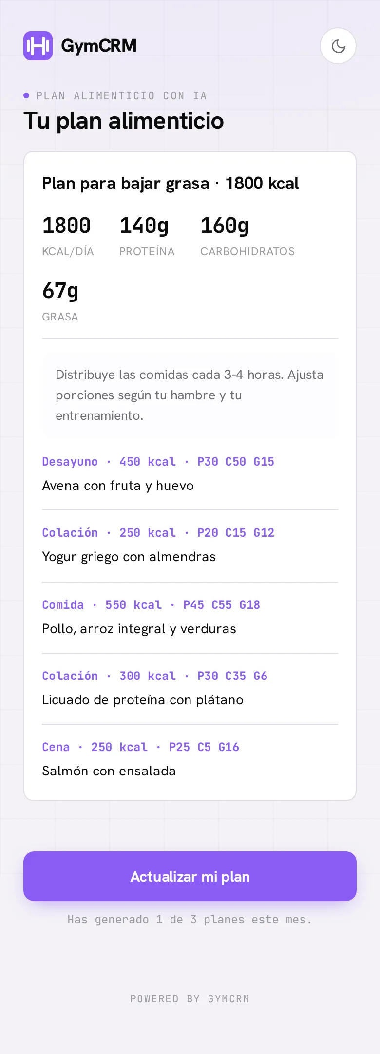 El plan alimenticio en el portal del socio: macros del día y la lista de comidas