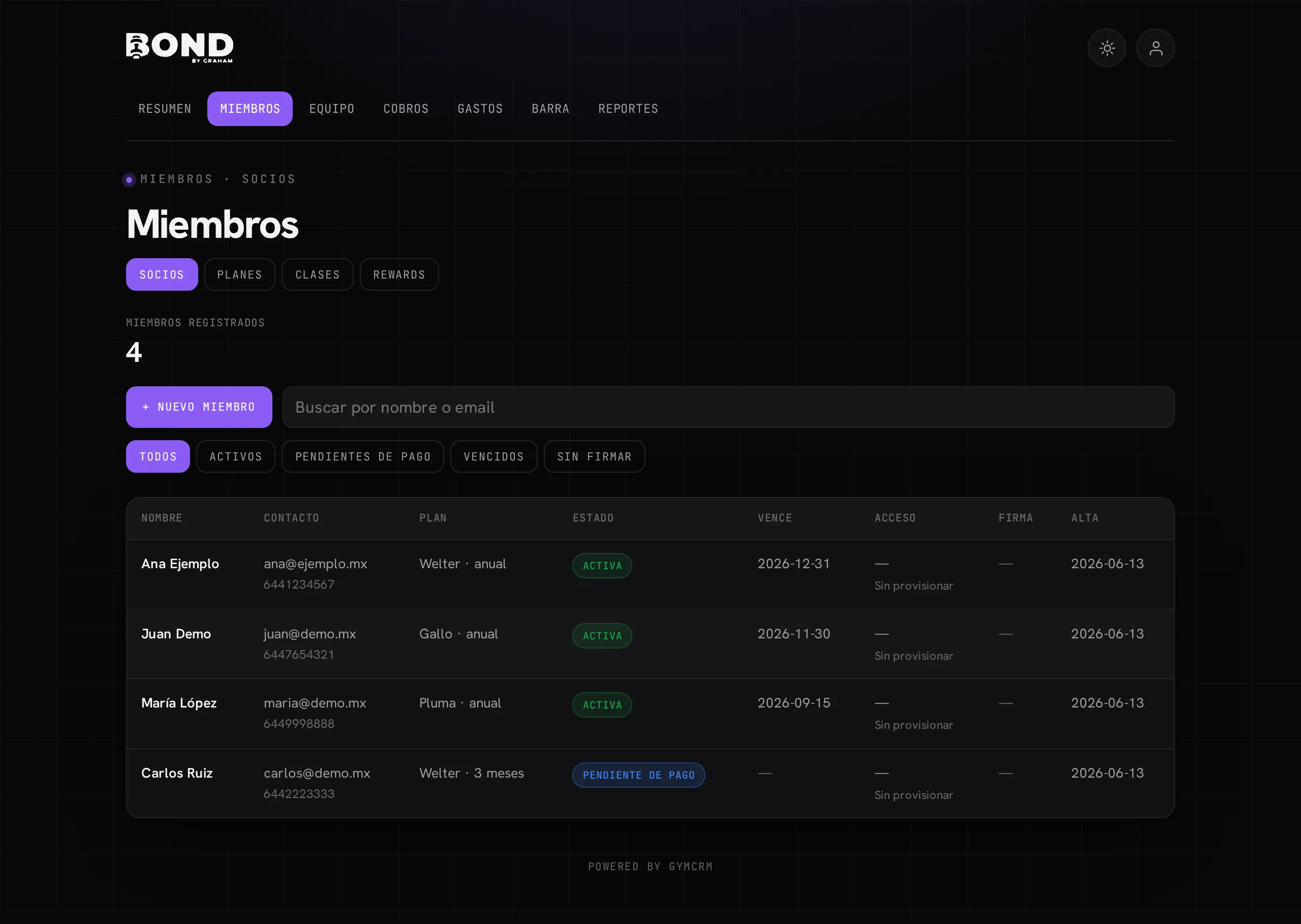 La lista de Miembros: buscador, filtros por estado y la tabla de socios con su plan y vigencia