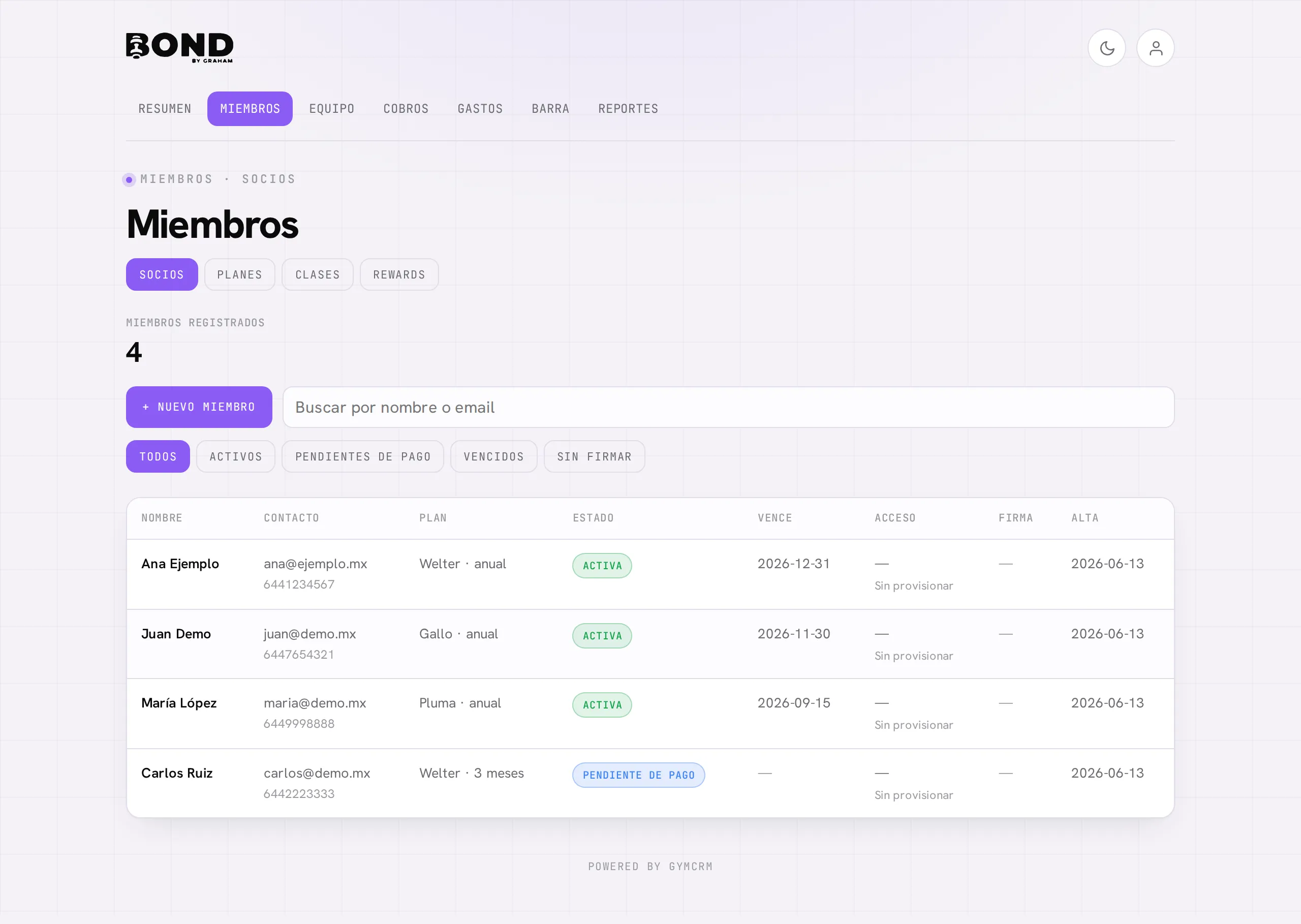 La lista de Miembros: buscador, filtros por estado y la tabla de socios con su plan y vigencia