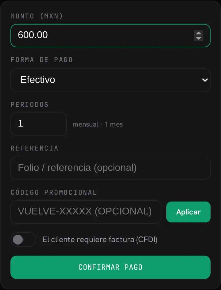 El formulario de registrar pago: monto, forma de pago, periodos, código promocional y la opción de factura