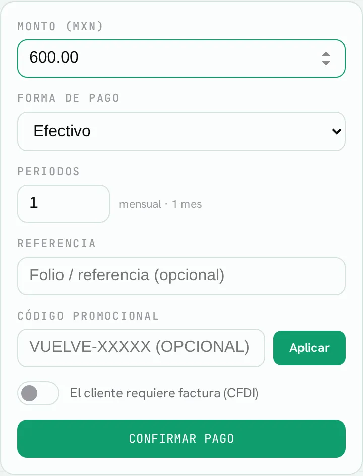 El formulario de registrar pago: monto, forma de pago, periodos, código promocional y la opción de factura