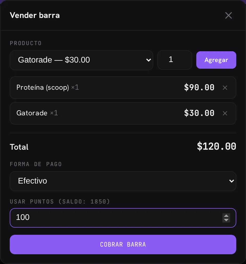 El modal de vender barra con el campo Usar puntos: 100 puntos aplicados sobre una venta de $120